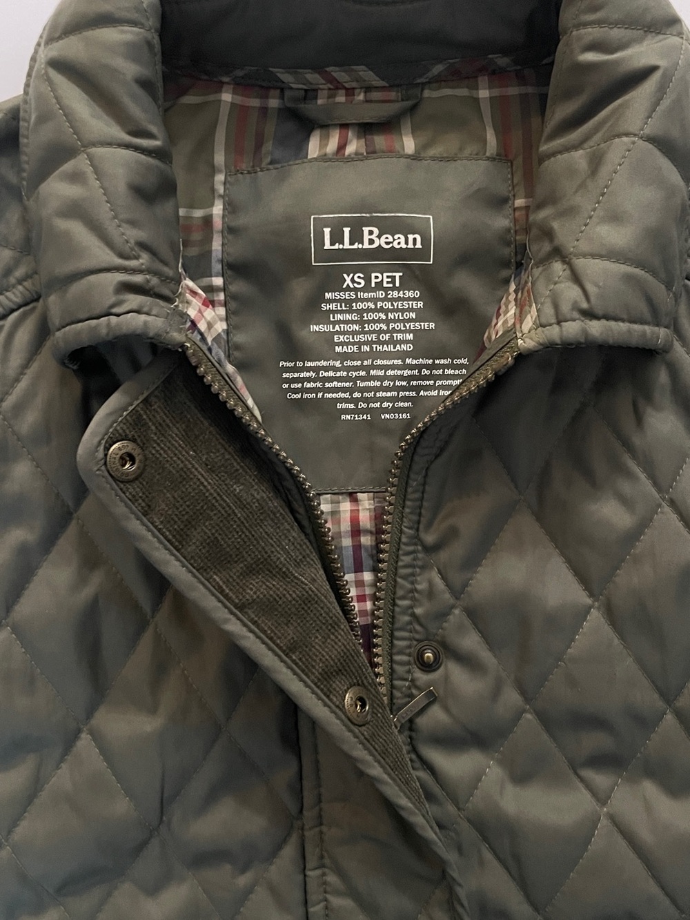 LL Bean Riding Jacket Barn Coat Women's Green Quilted Plaid Lining Size XS